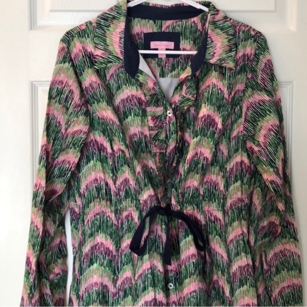 Lilly Pulitzer Navy, Pink and Green Button Down Shirt dress size 14